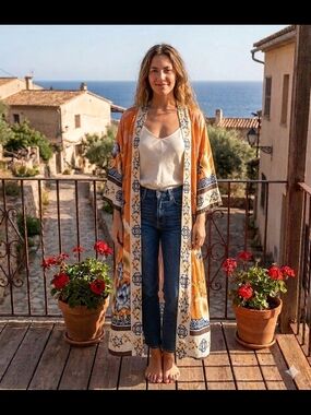 Yellow Floral Border Long Kimono